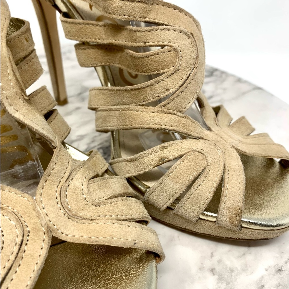 Sam Edelman Eve Cutout Peep Toe Tan Suede Platform Cage Pumps 7.5 Y2K Cocktail - Picture 9 of 16
